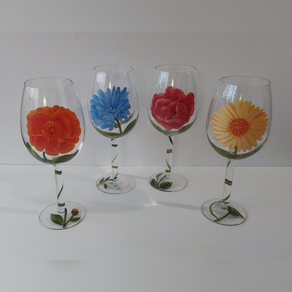 VTG Floral Hand-Painted Wine Glasses (4)
